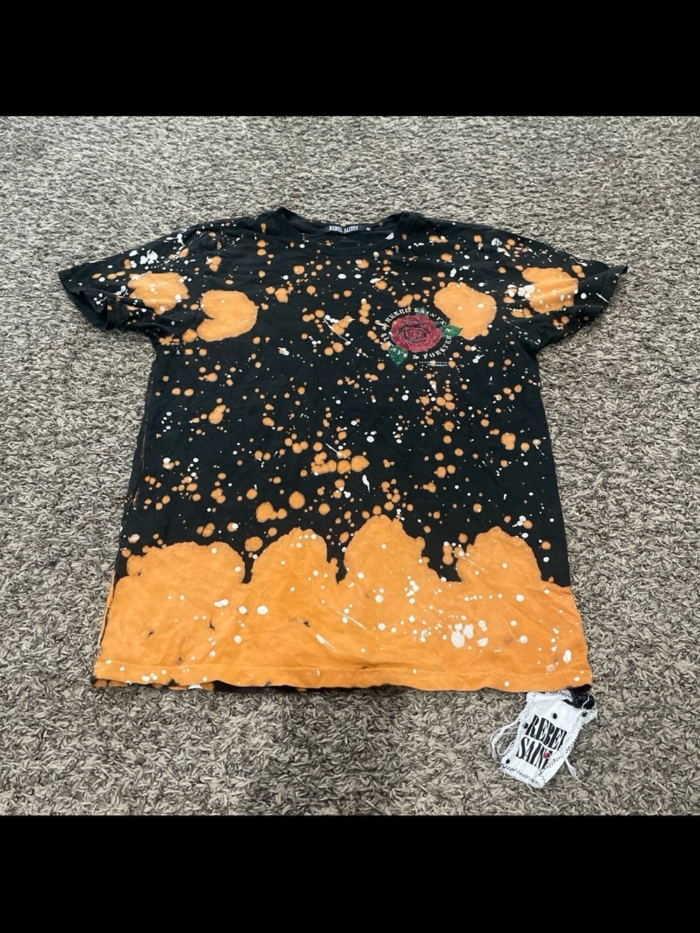 rebel Saints, black bleach, dye, rose, graphic T-shirt, men’s medium